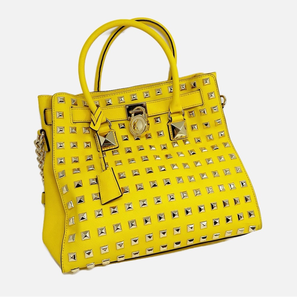 Rare Michael Kors Citrus Yellow Hamilton Pyramid Stud Bag Handbag Gold Hardware
